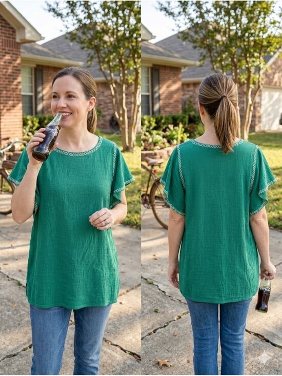Max Studio Tops - Max Studio Green Embroidered Flutter Sleeve Blouse Top Plus Size 1X Boho 2W02S77